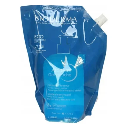 Pungă albastră Bioderma Atoderm Gel douche Eco-Recharge de 1 litru, cu dop alb