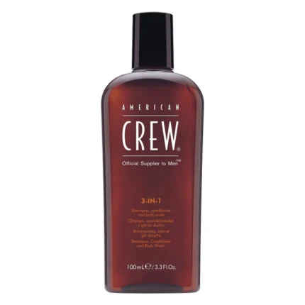 Flacon maro American Crew 3-IN-1 de 100 ml, cu capac negru, pe fundal alb