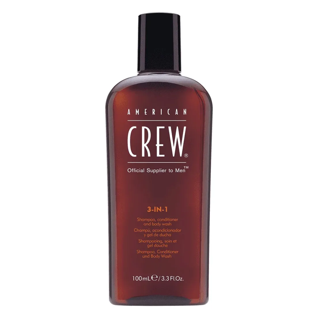 Șampon 3-în-1 American Crew 100 ml Flacon maro American Crew 3-IN-1 de 100 ml, cu capac negru, pe fundal alb