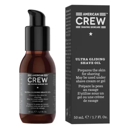 Flacon brun cu pompă și cutie neagră American Crew Ultra Gliding Shave Oil de 50 ml