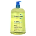 Flacon transparent cu pompă albastră, ulei de duș Bioderma Atoderm de 1 litru