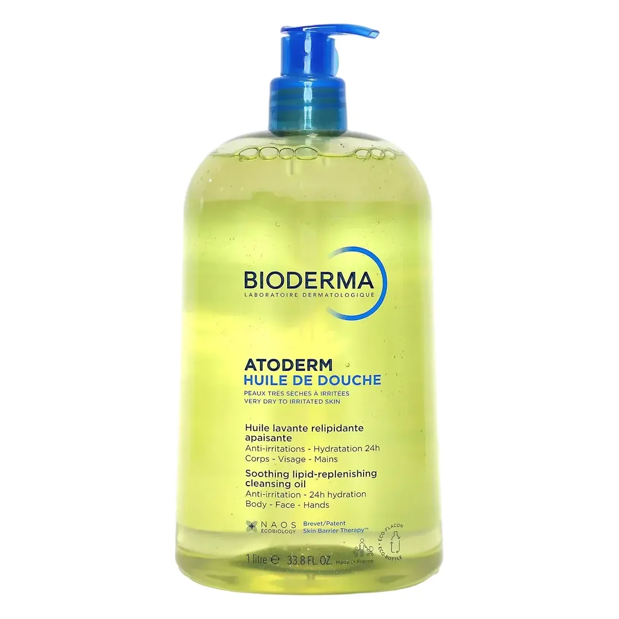 Ulei de duș Bioderma Atoderm 1000 ml Flacon transparent cu pompă albastră, ulei de duș Bioderma Atoderm de 1 litru