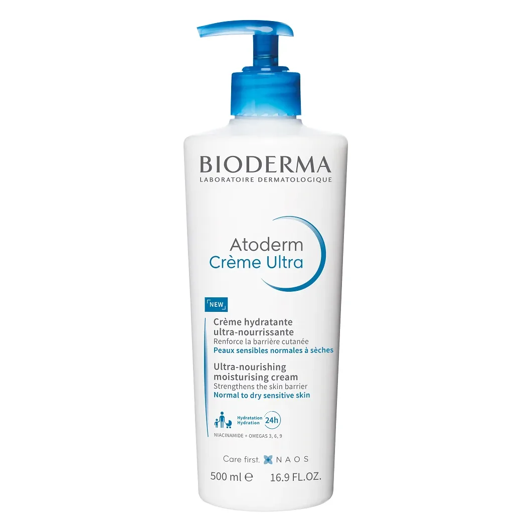 Cremă Bioderma Atoderm Crème Ultra 500 ml Flacon alb cu pompă albastră de cremă Bioderma Atoderm Crème Ultra, 500 ml