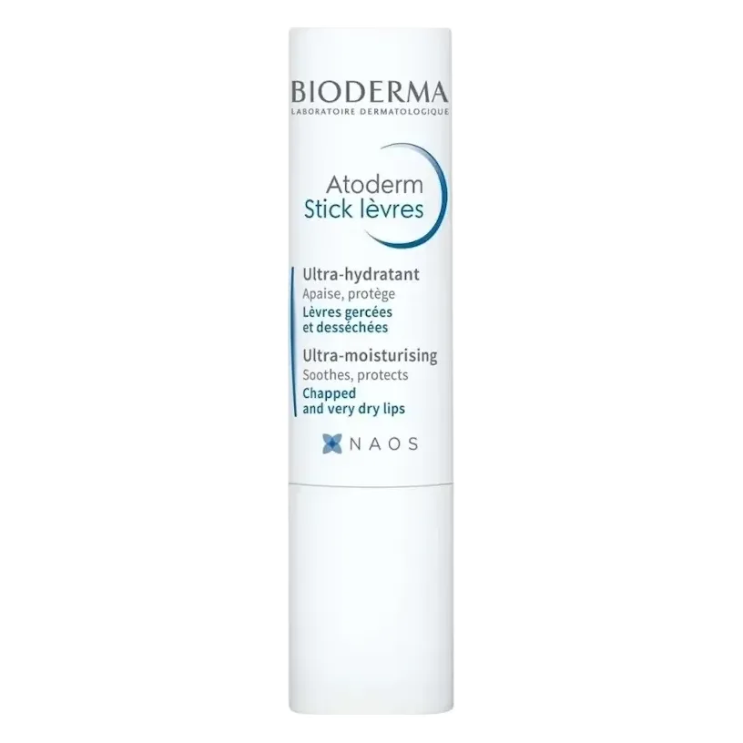 Stick de buze Bioderma Atoderm 4 g Stick alb Bioderma Atoderm pentru buze, 4 g, cu capac și text albastru pe corp