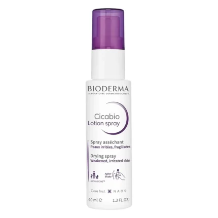 Flacon alb cu pulverizator și capac mov, Bioderma Cicabio Loțiune spray, 40 ml