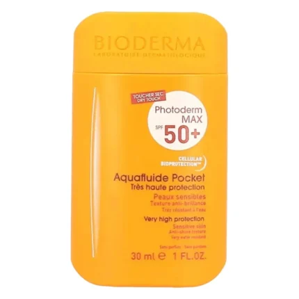 Flacon plat portocaliu Bioderma Photoderm MAX Aquafluide Pocket SPF 50+, 30 ml