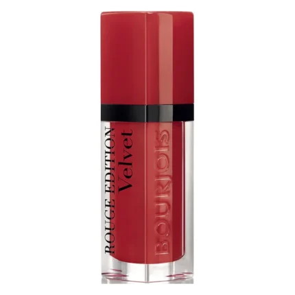 Flacon închis de ruj lichid Bourjois Rouge Edition Velvet, cu capac roșu și corp transparent