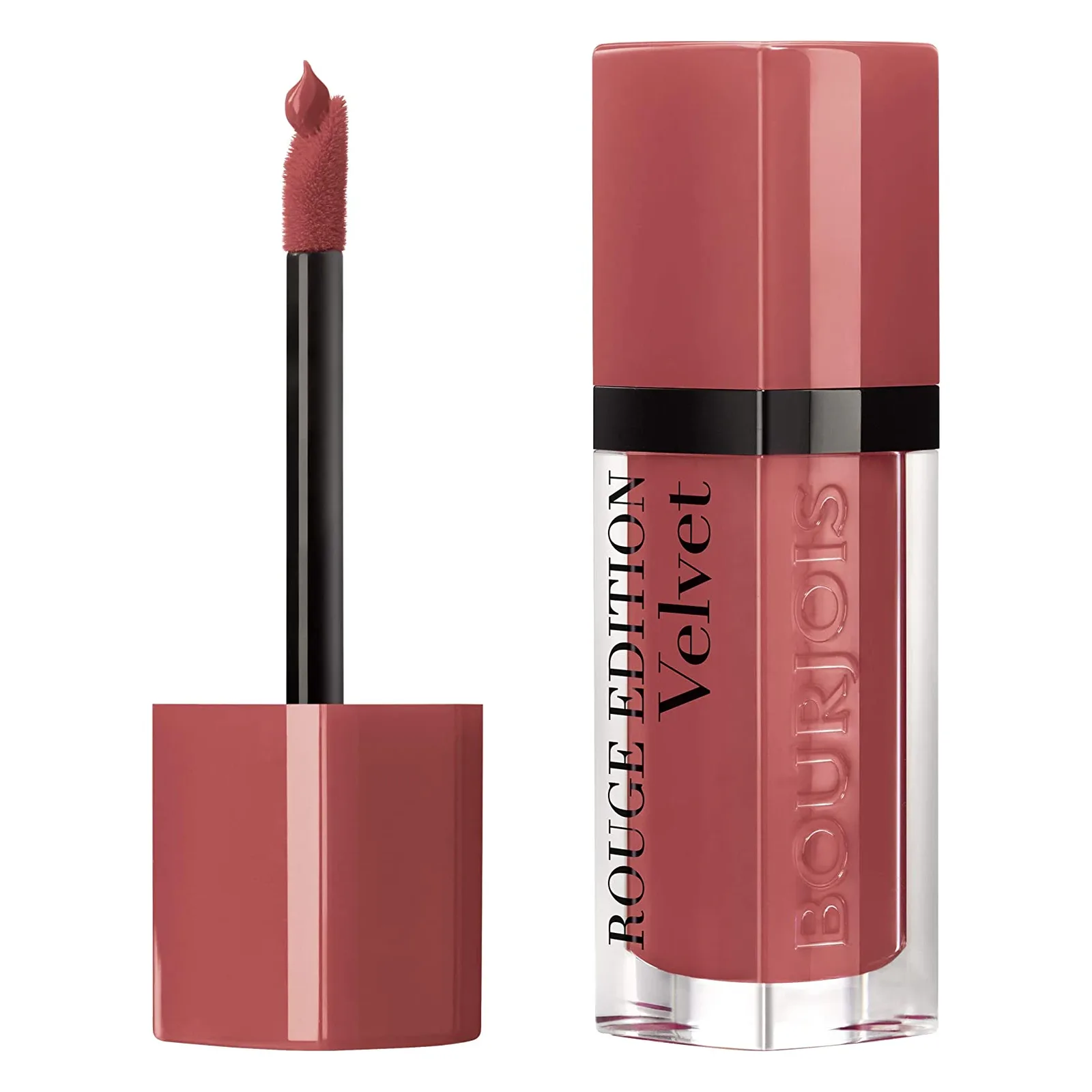 Ruj lichid Bourjois Rouge Edition Velvet 04 Peach Club 7,7 ml Flacon de ruj lichid Bourjois Rouge Edition Velvet cu capac roșu estompat și aplicatorul din burete alături