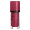 Flacon închis de ruj lichid Bourjois Rouge Edition Velvet, cu capac roșu rece și corp transparent