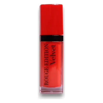 Flacon închis de ruj lichid Bourjois Rouge Edition Velvet, cu capac roșu și corp transparent