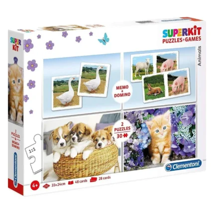Cutia Clementoni SuperKit Animals cu cățeluși, pisoi și cartonașe cu animale de fermă