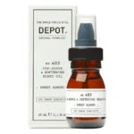 Flacon din sticlă brună Depot No. 403 Sweet Almond de 30 ml, cu pompă, lângă cutia albă