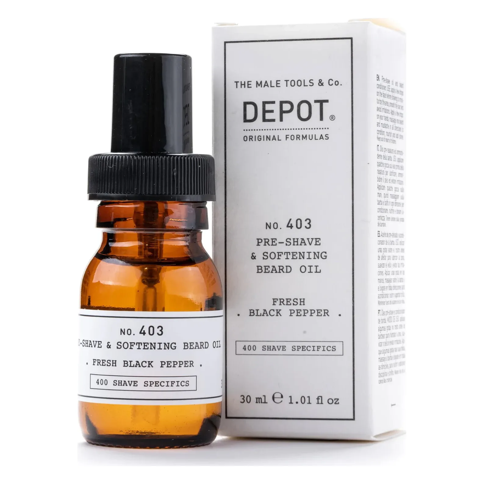 Ulei pre-ras și de barbă Depot No. 403 Fresh Black Pepper 30 ml Flacon brun cu pompă și cutia albă Depot No. 403, ulei pre-ras, 30 ml