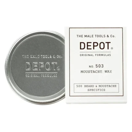 Borcan de aluminiu cu capac gravat Depot și cutie albă No. 503 Moustache Wax