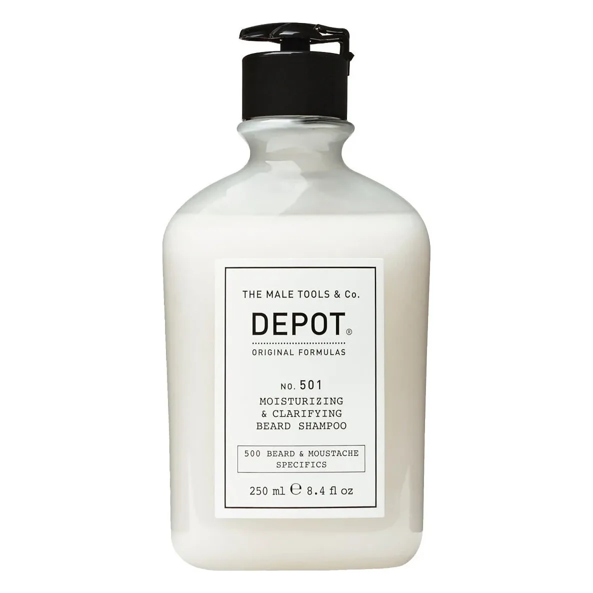 Șampon pentru barbă Depot No. 501, 250 ml Flacon alb cu pompă de șampon pentru barbă Depot No. 501, etichetă albă, 250 ml