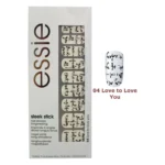 Cutia Essie sleek stick cu benzi albe cu scris caligrafic negru și unghia model alături