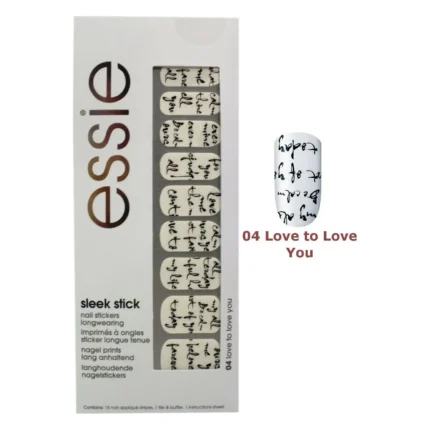 Cutia Essie sleek stick cu benzi albe cu scris caligrafic negru și unghia model alături