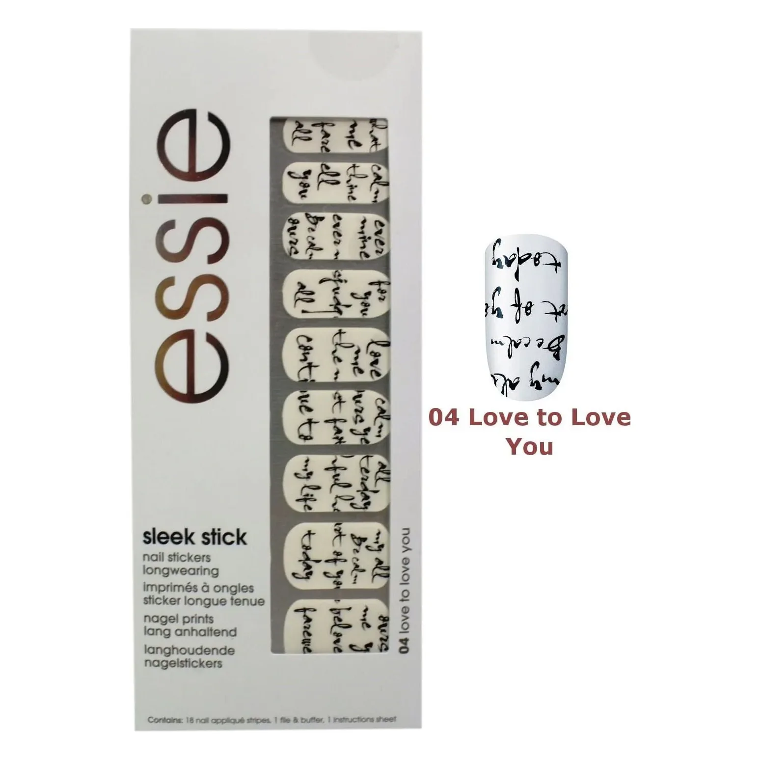 Stickere de unghii Essie Sleek Stick 04 Love to Love You Cutia Essie sleek stick cu benzi albe cu scris caligrafic negru și unghia model alături