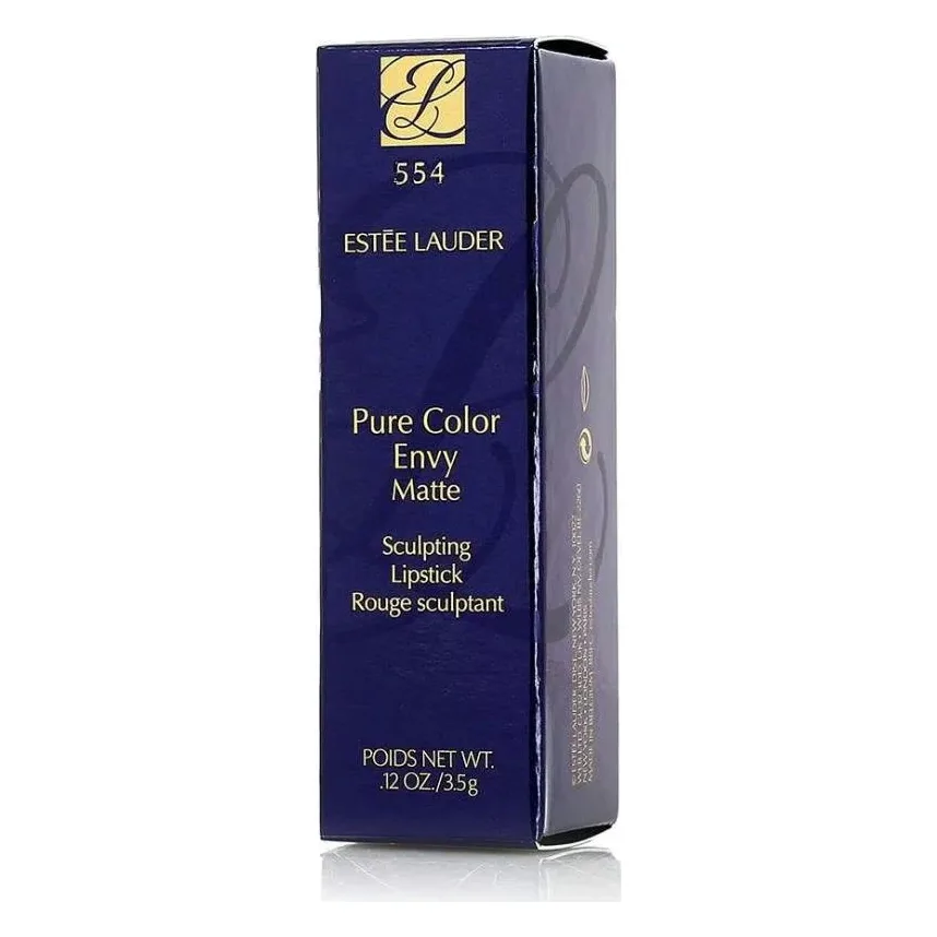 Ruj Estée Lauder Pure Color Envy Matte 554 Deep Secret 3,5 g — ambalaj Cutie albastră cu inscripții aurii, marcată 554, a rujului Pure Color Envy Matte