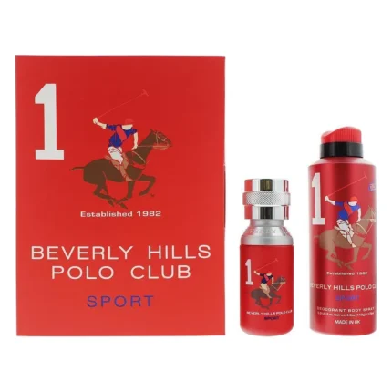 Cutie roșie Beverly Hills Polo Club Sport 1, flacon de parfum și doză de deodorant