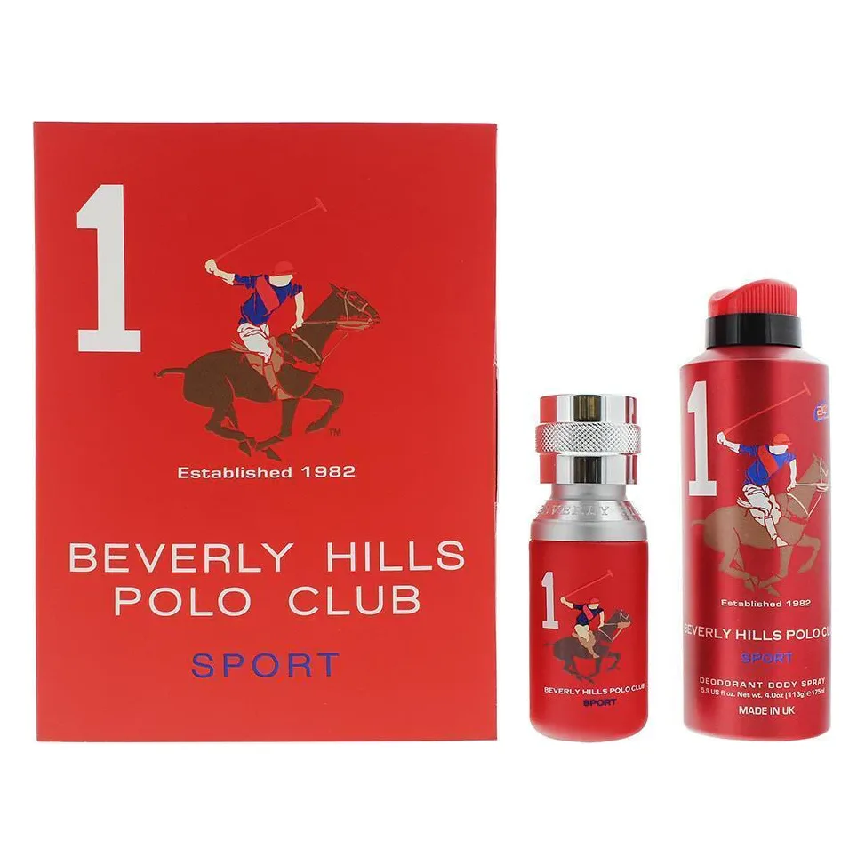 Set cadou Beverly Hills Polo Club Sport 1, 50 ml și 175 ml Cutie roșie Beverly Hills Polo Club Sport 1, flacon de parfum și doză de deodorant