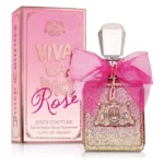 Cutie roz cu inscripția Viva La Juicy Rosé și flacon cu sclipici, fundă de tul roz