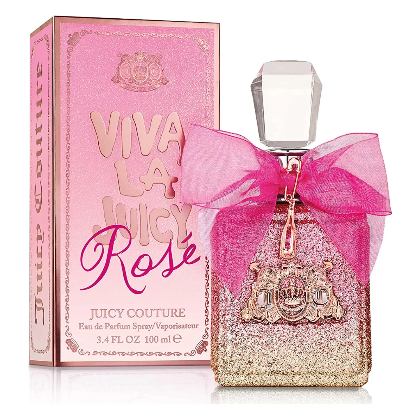 Apă de parfum Juicy Couture Viva La Juicy Rosé 100 ml — ambalaj Cutie roz cu inscripția Viva La Juicy Rosé și flacon cu sclipici, fundă de tul roz