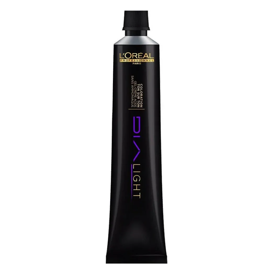 Vopsea Dia Light L’Oréal Professionnel 50 ml Tub negru de vopsea Dia Light cu logo violet si mentiunea coloration ton sur ton, gel-creme acide