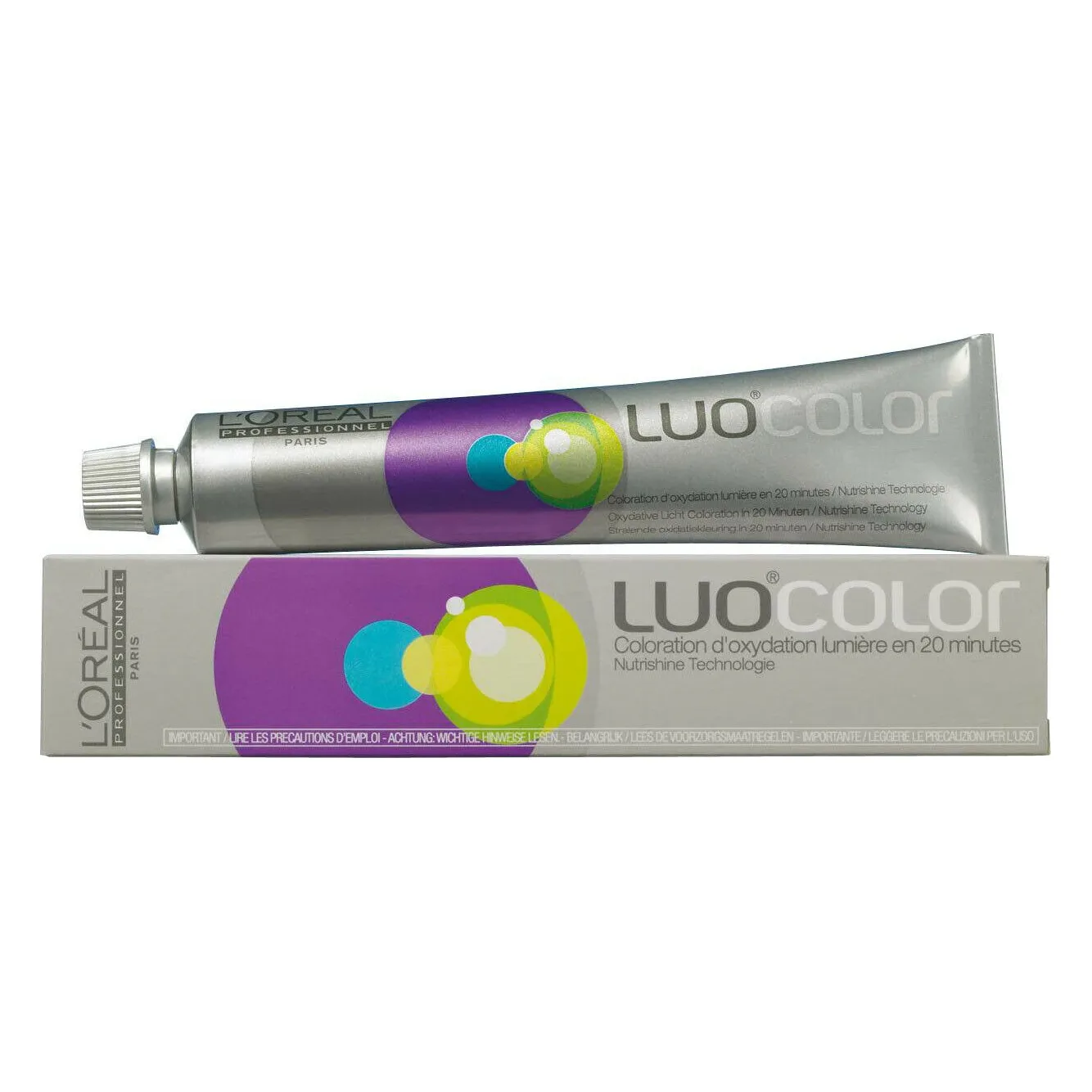 Vopsea LUOColor 5.52 L’Oréal Professionnel 50 ml Tub argintiu și cutie de vopsea L’Oréal Professionnel LUOColor de 50 ml, cu cercuri mov, turcoaz și verzi