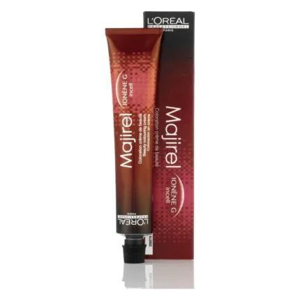 Tub și cutie de vopsea L’Oréal Professionnel Majirel, ambalaj roșu-arămiu, format de 50 ml