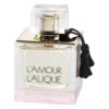 Flacon de sticlă L'Amour Lalique de 100 ml, cu capac auriu, ciucure negru și bază roz