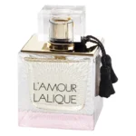 Flacon de sticlă L'Amour Lalique de 100 ml, cu capac auriu, ciucure negru și bază roz