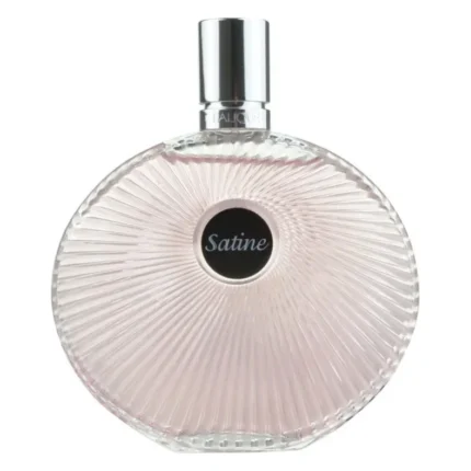 Flacon rotund din sticlă roz cu striații, apă de parfum Lalique Satine 100 ml, capac argintiu
