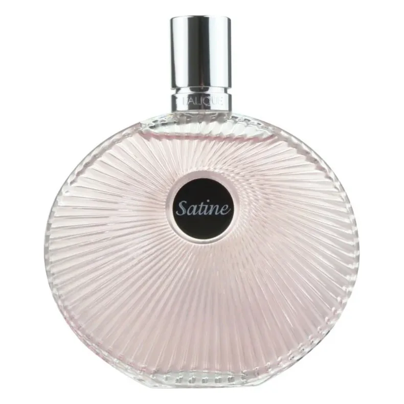 Apă de parfum Lalique Satine 100 ml Flacon rotund din sticlă roz cu striații, apă de parfum Lalique Satine 100 ml, capac argintiu