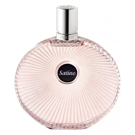 Flacon rotund din sticlă roz cu striații, apă de parfum Lalique Satine, capac argintiu