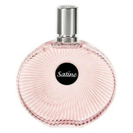 Flacon rotund din sticlă roz cu striații radiale, apă de parfum Lalique Satine, capac argintiu