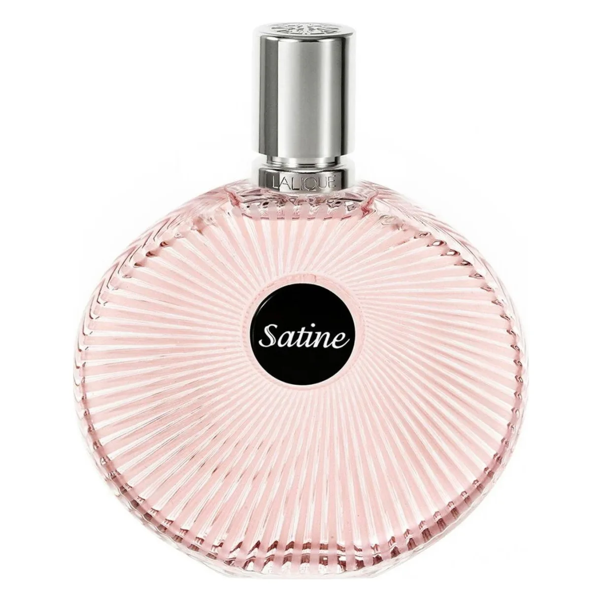 Apă de parfum Lalique Satine 50 ml Flacon rotund din sticlă roz cu striații radiale, apă de parfum Lalique Satine, capac argintiu