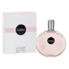 Cutie albă cu bandă roz Lalique Satine, alături de flaconul de 50 ml Eau de Parfum