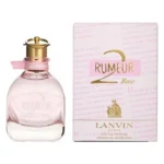 Flacon roz de apă de parfum Lanvin Rumeur 2 Rose, cu panglică roz, lângă cutia originală