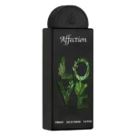 Flacon negru dreptunghiular Lattafa Affection de 100 ml, cu inscripția LOVE din frunze verzi