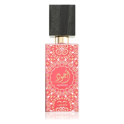 Flacon roz cu model auriu de apă de parfum Ajwad Lattafa, capac gri închis