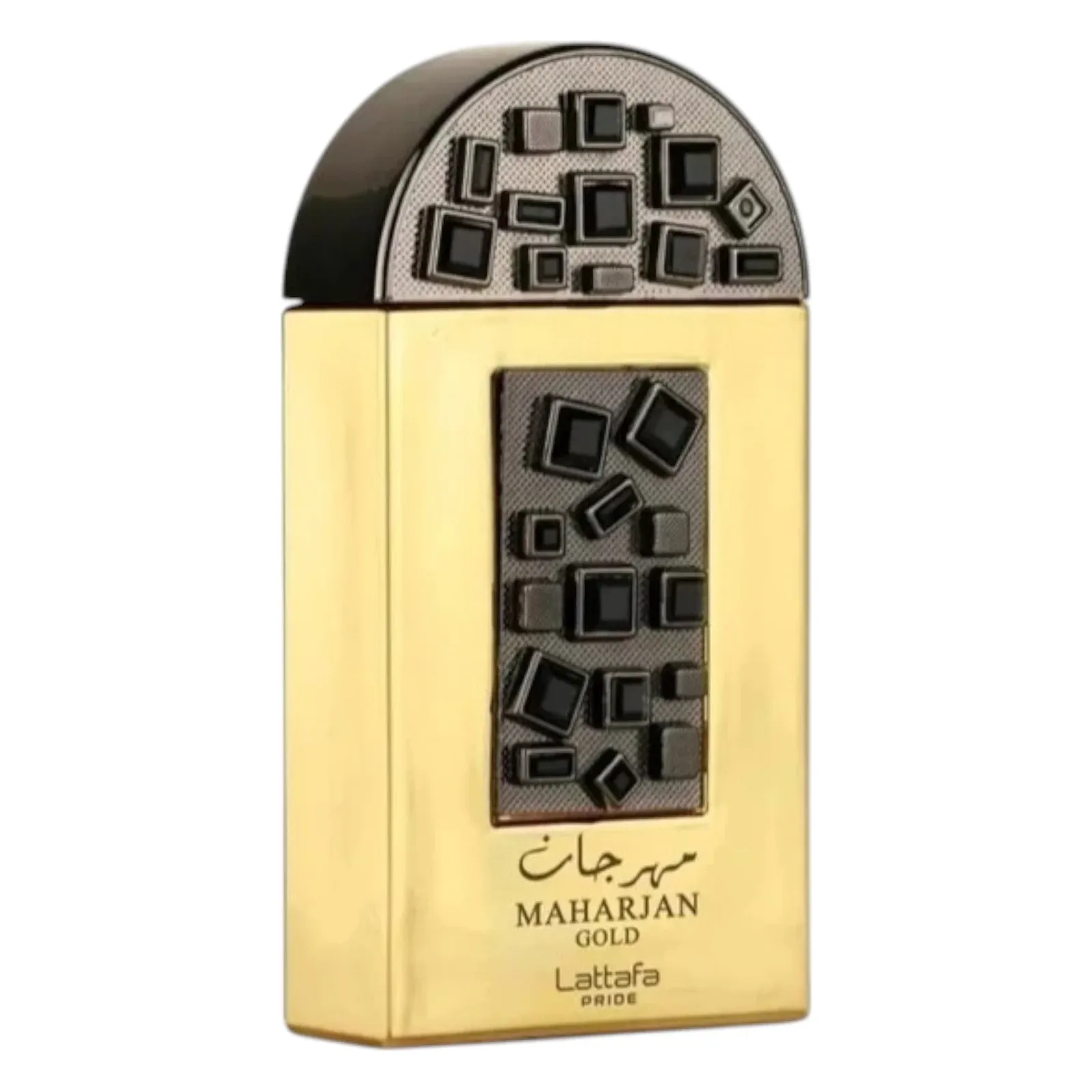 Apă de parfum Maharjan Gold Lattafa Pride 100 ml Flacon auriu dreptunghiular Maharjan Gold Lattafa Pride, cu capac bombat și plăcuță metalică
