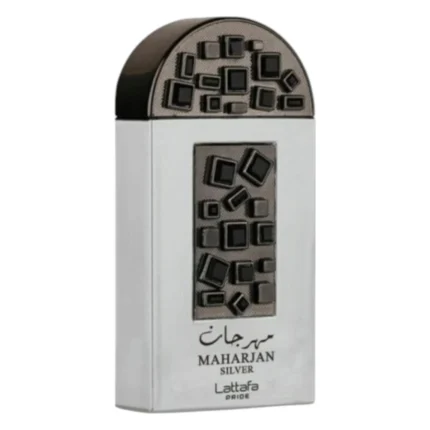 Flacon alb de apă de parfum Maharjan Silver Lattafa Pride, cu capac argintiu și cristale negre