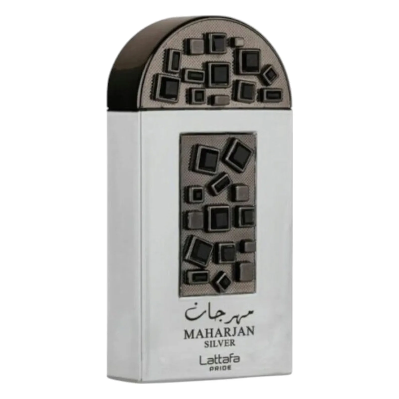 Apă de parfum Maharjan Silver Lattafa Pride 100 ml Flacon alb de apă de parfum Maharjan Silver Lattafa Pride, cu capac argintiu și cristale negre
