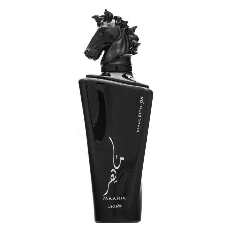Apă de parfum Lattafa Maahir Black Edition 100 ml Flacon negru Lattafa Maahir Black Edition, cu capac sculptat în formă de cap de cal