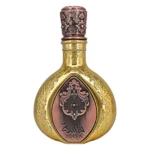Flacon auriu de parfum Lattafa Pride Masa, cu plăcuță de cupru gravată și capac ornamentat