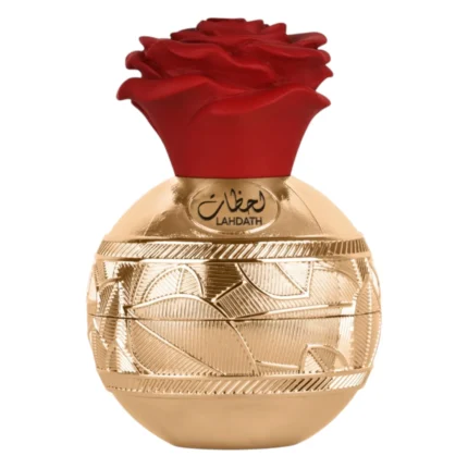 Flacon sferic auriu gravat de parfum Lahdath, cu capac în formă de trandafir roșu