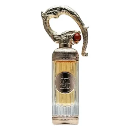 Flacon striat de apă de parfum Lattafa Sehr, cu capac auriu în formă de dragon