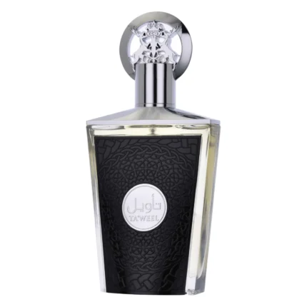 Flacon transparent de apă de parfum Lattafa Ta’weel de 100 ml, cu capac argintiu
