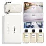 Cutie albă Les Eaux de Chanel Le Voyage, punguță, trei cartonașe și trei flacoane de 50 ml